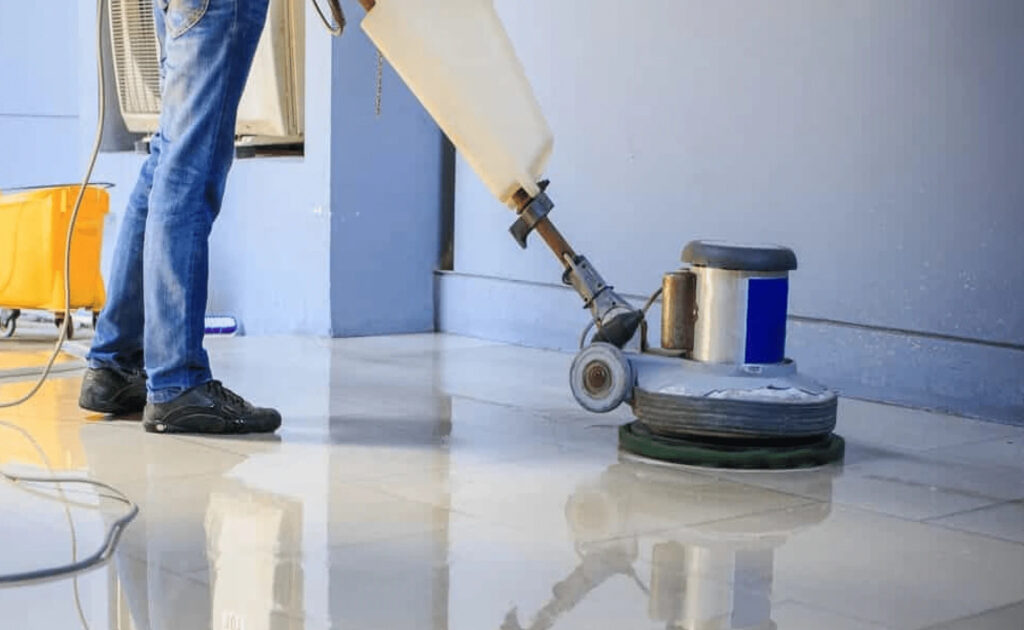 Floor polishing machine buffing tile floor in Cupertino CA facility