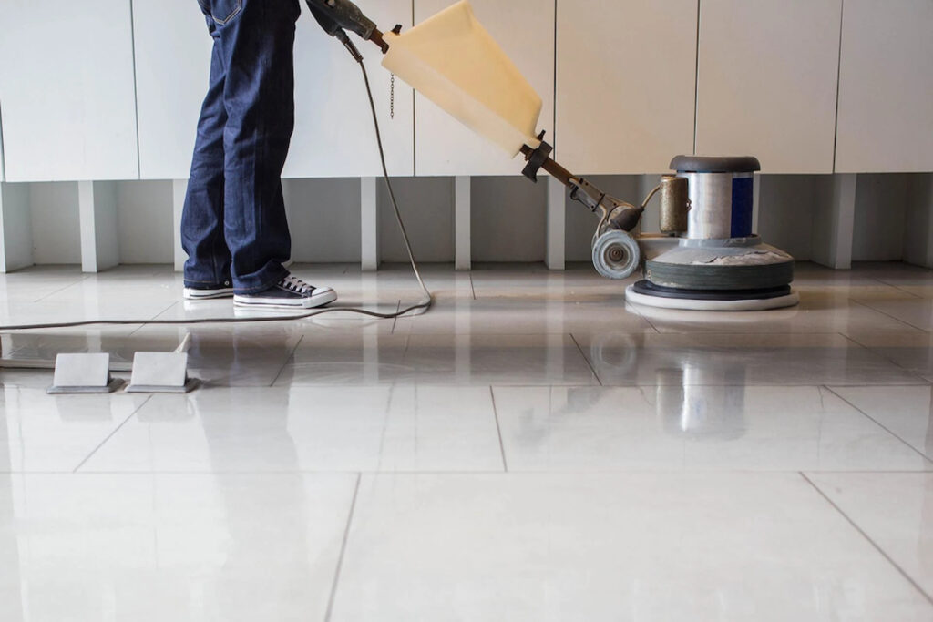 Floor stripping and waxing San Jose CA machine buffing glossy tile floor