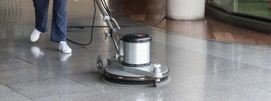 Rotary floor buffer polishing lobby tile for Los Gatos, CA cleaning company