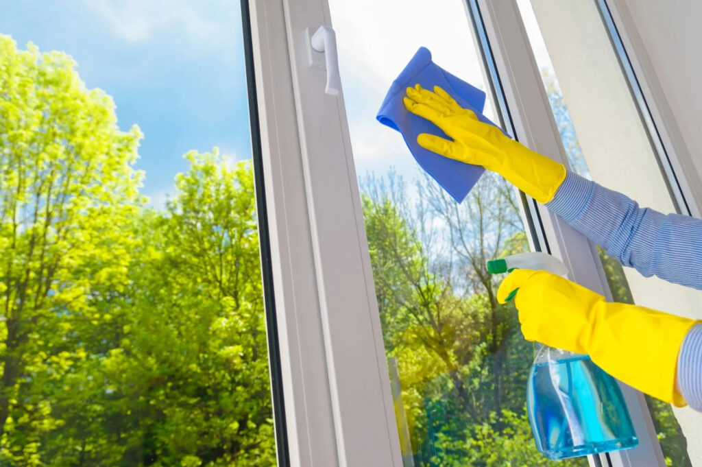 Gloved hand wiping window glass for Los Gatos, CA cleaning company