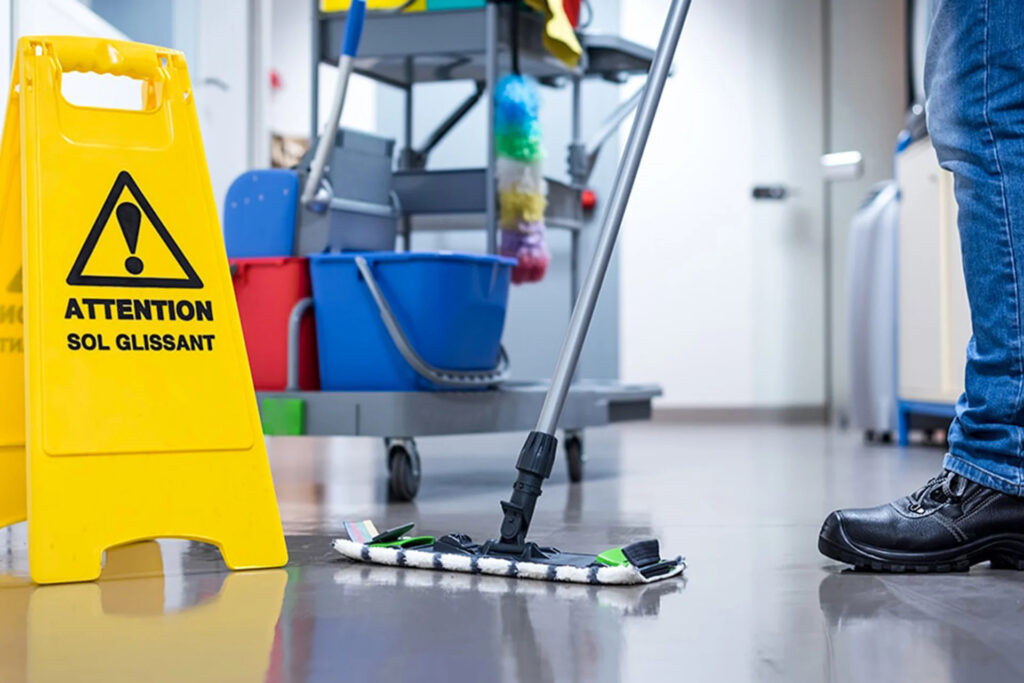Wet floor caution sign with mop cart from Los Gatos, CA cleaning company