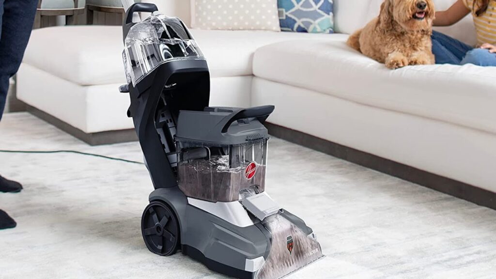 Carpet cleaning San Jose CA deep extraction machine on beige living room carpet