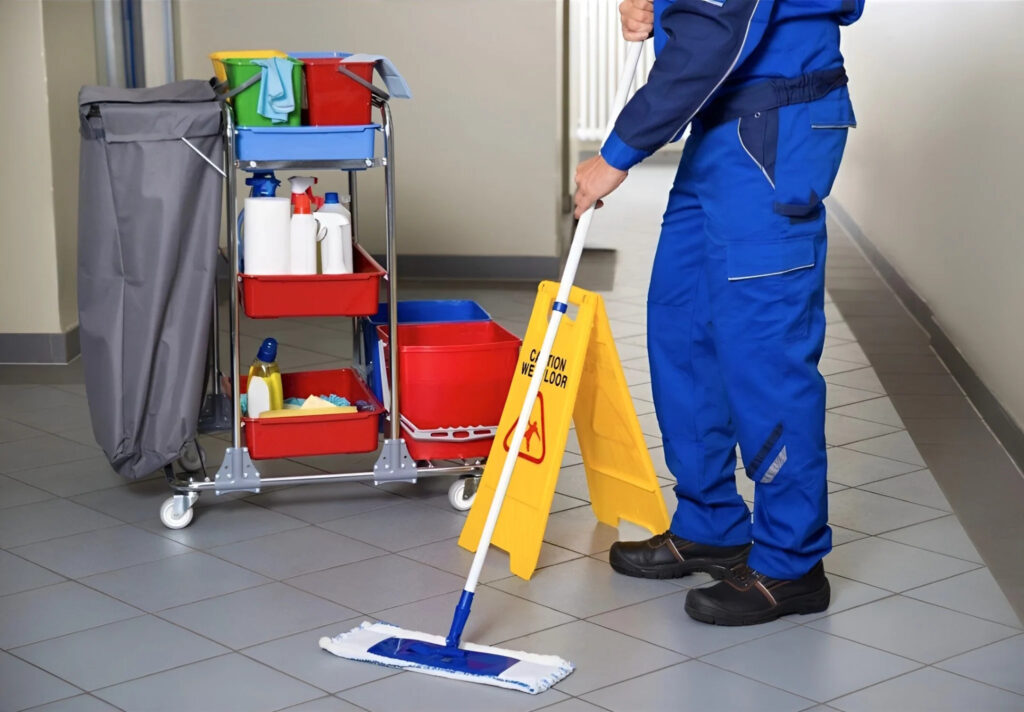 Janitorial staff mopping tile hallway with cleaning cart in Cupertino CA