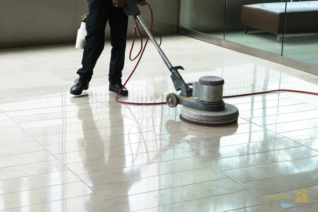 Cupertino CA floor care team polishing glossy tile lobby floor