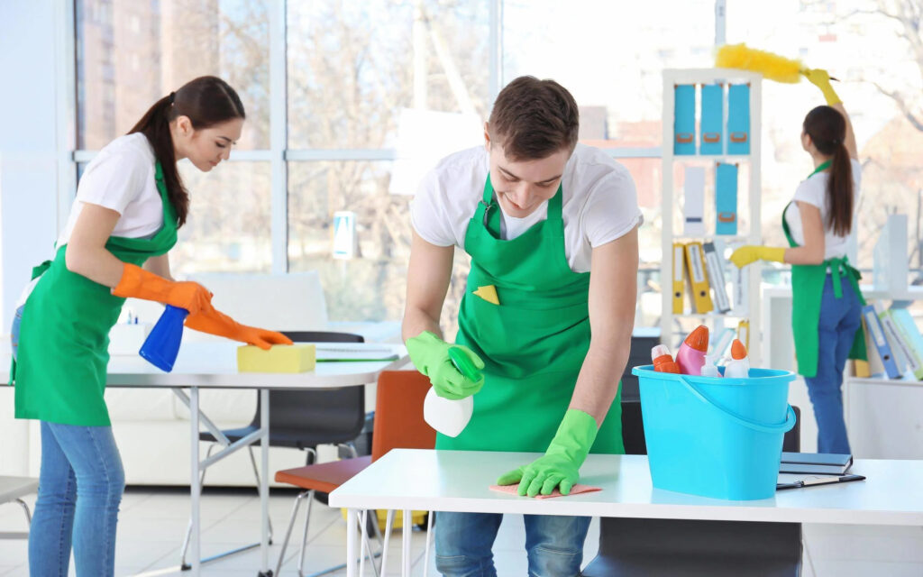 Professional cleaning crew servicing office space in Campbell, CA